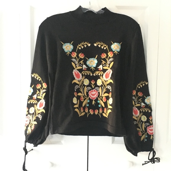 Sweaters - womens black floral embroidered sweater